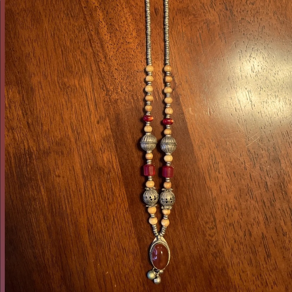 Boho Chunky Amber Beaded Statement Necklace Silver
